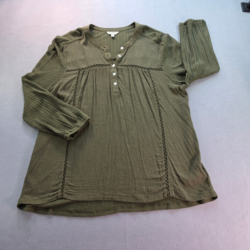 Lucky Brand Olive Green Textured Knit Crochet Trim Henley Blouse Top Large